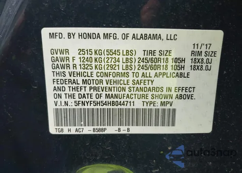 2017 Honda Pilot Ex-L из США, поврежденный, VIN 5FNYF5H54HB044711